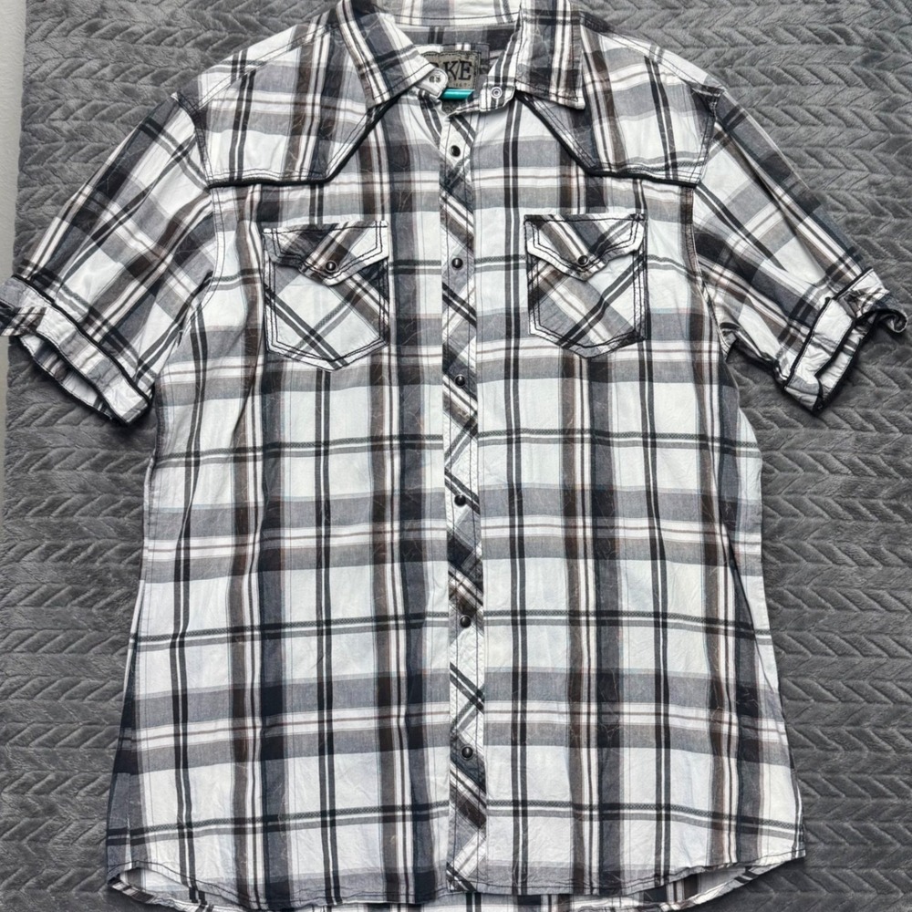 BKE XL Athletic Fit Western Pearl Snap Short Sleeve Plaid Shirt (1597)